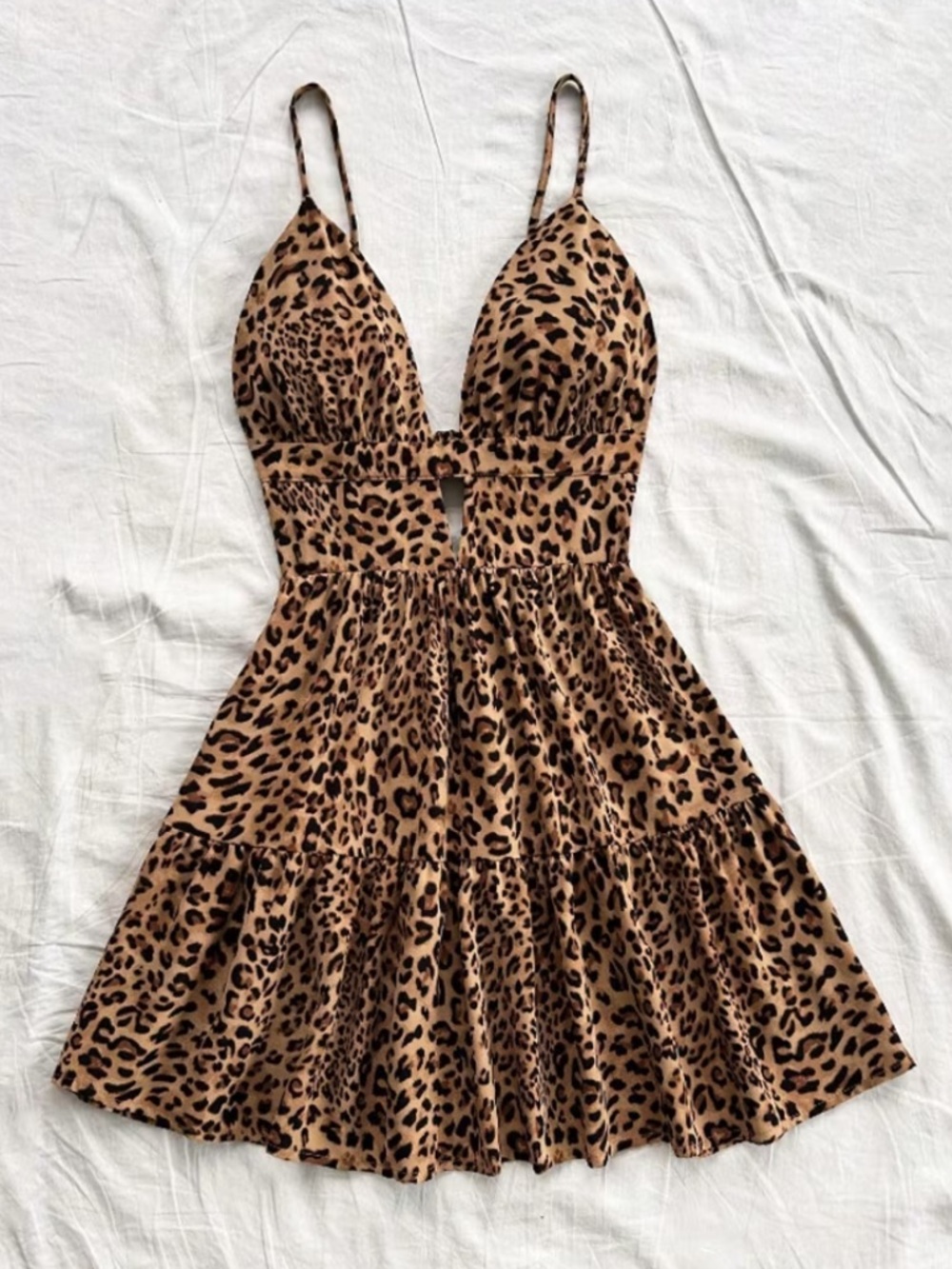 Women Leopard Print Dress, Plunging V-Neck Backless Sexy Slip Mini